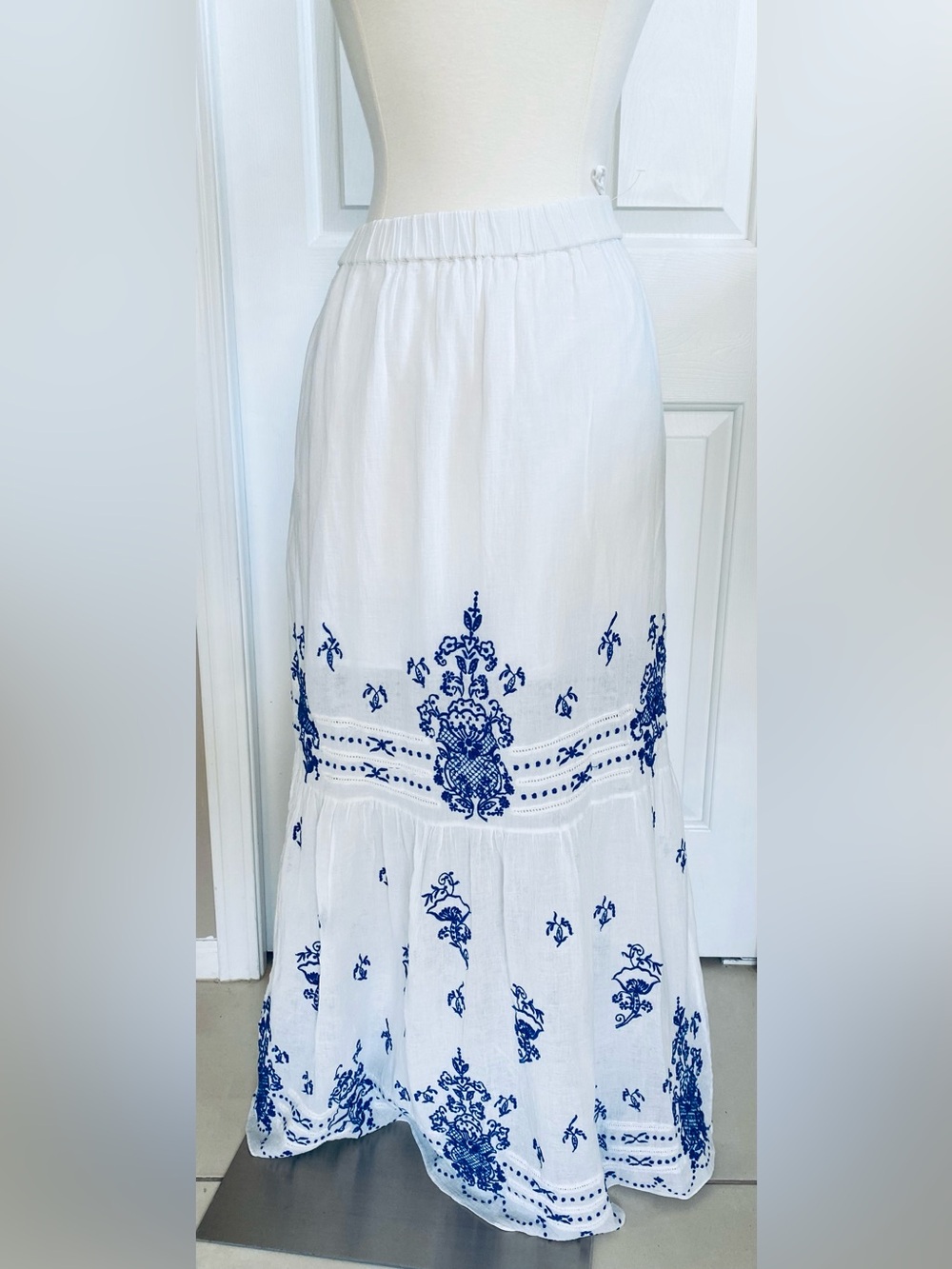 Gorgeous bohemian White Maxi Skirt with Blue Embroidered Border one size